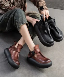 Alternative view of 2025 Design Chunky Platform Shoes Women Literary Style Round Toe Genuine Cow Leather Buckle Gladiator Sandals