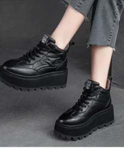 Alternative view of 2025 Lofers for Women 7cm Retro Genuine Leather Ankle Boots British Autumn Winter Plush Moccasins Rubber Soled Flats Shoes