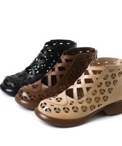 Alternative view of Ethnic Style Genuine Leather Cool Boots Top Layer Cowhide Breathable Mom's Sandals Women's Flat Heel Soft Sole Hollow Hole Shoes