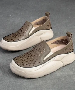 Alternative view of 2025 Fashion Women Hollow Sneakers Summer Thick Bottom Mixed Colors Genuine Cow Leather Platform Vulcanized Shoes