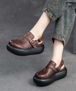 Alternative view of 5.5cm Women Sandas Hook Summer Hollow Ankle Flats Breathable Shoes Weave Natural Cow Genuine Leather Boots Comfy Rubber