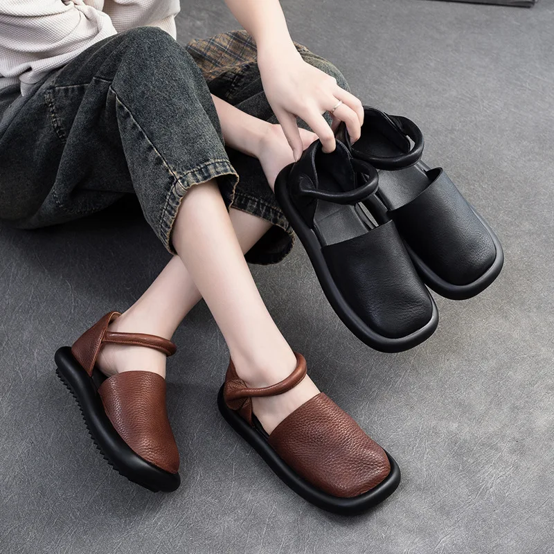 2025 Retro Genuine Leather Flat Sandals Summer Round Toe Soft Sole Cowhide Versatile Women's Shoes - Image 5