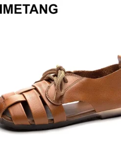 2025 Women Summer Sandals Outdoor Genuine Leather Casual Mom Shoes Females Retro Lace-up Flats Loafers Woman Plus Size 35-41