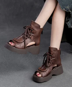 Alternative view of 2025 Genuine Leather Boots Chimney Women Peep Toe Moccasins Fashion Summer Sandals Hollow Ankle Booties Motorcycle Shoes