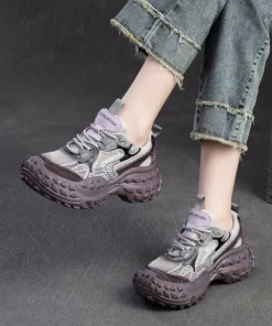 Alternative view of 2025 Summer New Vulcanized Genuine Leather Splicing Breathable Mesh Casual Versatile Women's Lace-up Shoes