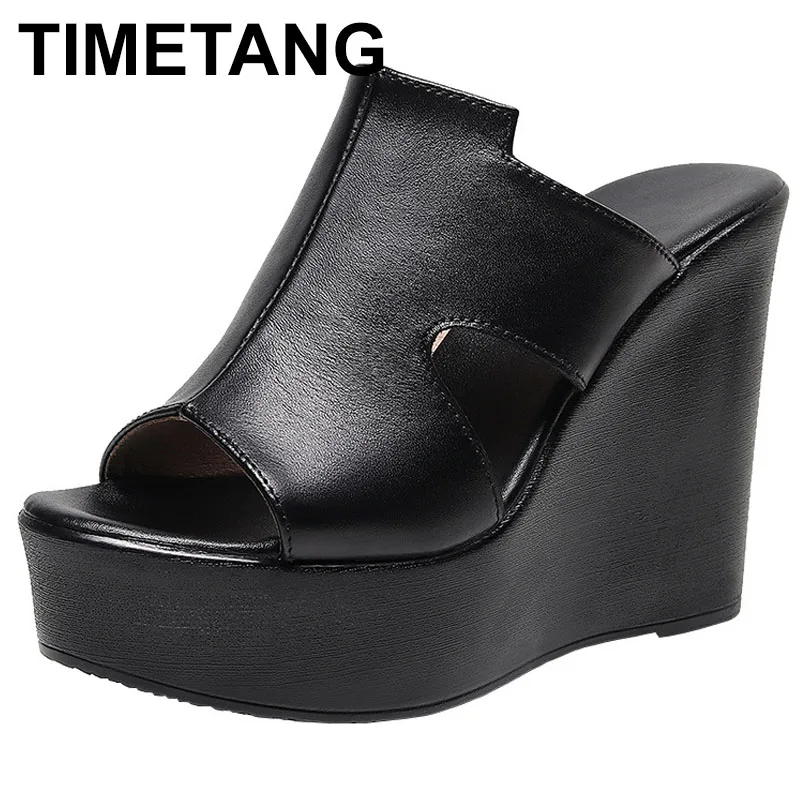 Small Size 33-43 Comfortable Thick Bottom Genuine Leather Slippers Platform Shoes Women Summer High Heels Slides Office Mom