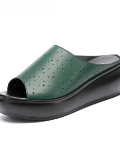 Alternative view of 2025 Genuine leather wedge platform slippers women high heel sandals slides women summer casual shoes size 35-40