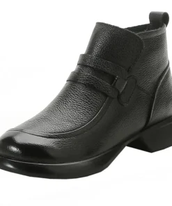 Alternative view of 2025 Women Shoes Round Toe Genuine Cow Leather Handmade Retro Thick Heel Casual Loafers Ladies Winter Soft Sole Plush Warm Boots