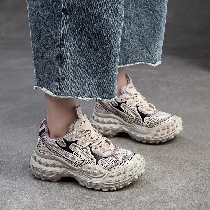 2025 Summer New Vulcanized Genuine Leather Splicing Breathable Mesh Casual Versatile Women's Lace-up Shoes - Image 4