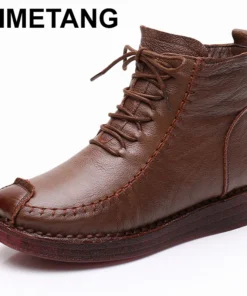 2025 Ankle Boots Sewing Genuine Leather Autumn Spring Booties Woman Moccasins Comfy Flats Round Toe Slip on Ethnic Shoes