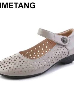 2025 Genuine Leather Ladies Flats Summer Shoes Woman Plus Size Loafers Hollow Round Toe Soft Comfort Sandals Female