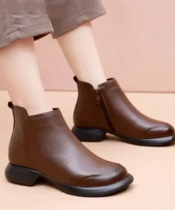 2025 New In Women's Boots 3cm Retro Natural Genuine Leather Snow Ankle Flats Autumn Winter Zip Women Soft Rubber Plush Shoes