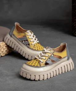 Alternative view of Thick Bottom Sandals Women's Summer Vintage Leather Color Matching Lace Up Muffin Bottom Casual Hollow Out Single Shoes