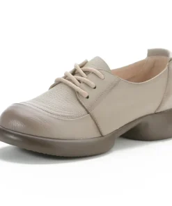 Alternative view of 2025 Spring Cow Leather Lace-up And Shallow Mouth Retro Anti-Slip Bean Shoes Med-Heel Women's Shoes Gray Black Brown