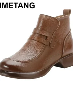 2025 Women Shoes Round Toe Genuine Cow Leather Handmade Retro Thick Heel Casual Loafers Ladies Winter Soft Sole Plush Warm Boots