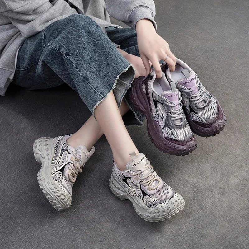 2025 Summer New Vulcanized Genuine Leather Splicing Breathable Mesh Casual Versatile Women's Lace-up Shoes - Image 5