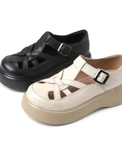 Alternative view of 2025 3cm Platform Wedge Retro British Women Fashion Mules Ins Hot Sell Genuine Leather Weave Sandals Shoes Summer