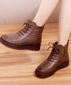 Alternative view of 2025 Ankle Boots Sewing Genuine Leather Autumn Spring Booties Woman Moccasins Comfy Flats Round Toe Slip on Ethnic Shoes