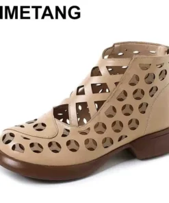 Ethnic Style Genuine Leather Cool Boots Top Layer Cowhide Breathable Mom's Sandals Women's Flat Heel Soft Sole Hollow Hole Shoes