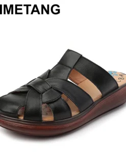 Summer new sandals women's leather retro breathable bun head fashion everything cowhide large size thick soled women slippers