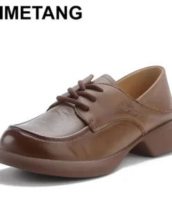 2025 Women Genuine Leather Shoes Spring Lace-Up Round Toe Genuine Leather Thick Heel Casual Shoes