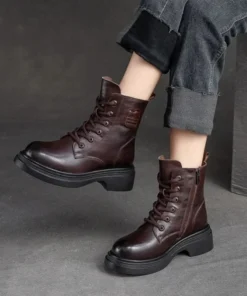 2025 British Style Women Winter Warm Shearling Boots Natural Wool Cow Leather Thick Heel Platform Casual Retro Ankle Boots