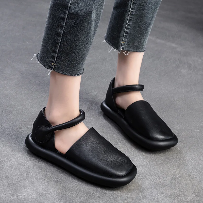 2025 Retro Genuine Leather Flat Sandals Summer Round Toe Soft Sole Cowhide Versatile Women's Shoes - Image 3