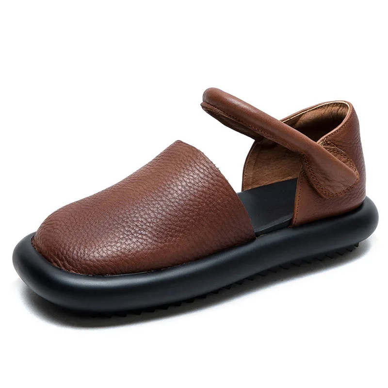 2025 Retro Genuine Leather Flat Sandals Summer Round Toe Soft Sole Cowhide Versatile Women's Shoes - Image 6