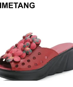 2025 New Summer Retro Genuine Leather Hollow Breathable Floral Outside Leather Women Slippers Platform Wedges Slides
