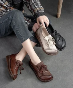 Alternative view of Women Flats Shoes 2024 New Spring Round Toe Lace-up Genuine Leather Casual Loafers Handmade Comfortable Shoes