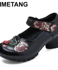 2025 Vintage Pumps Elderly Genuine Leather Shoes Ladies Medium Heels Pumps Mom Red Block Heel Shoes Womens Pumps Round Toe