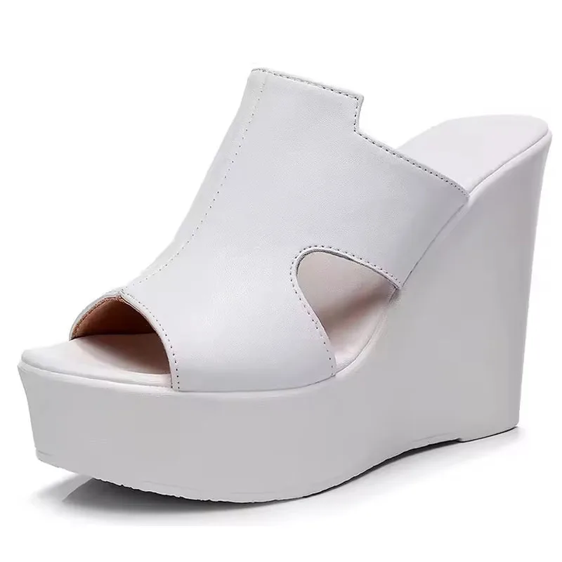 Small Size 33-43 Comfortable Thick Bottom Genuine Leather Slippers Platform Shoes Women Summer High Heels Slides Office Mom - Image 2